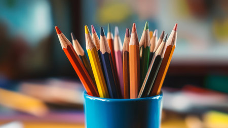 A close-up of sharpened colored pencils in a cup, with a soft-focus background of sketches, highlighting the tools of creativity ready for useの素材