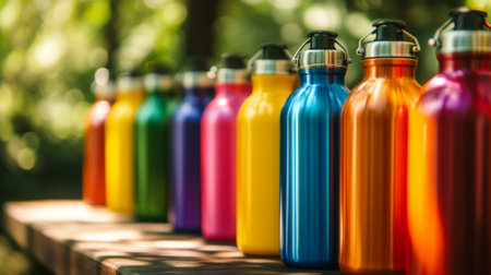 A collection of colorful reusable water bottles lined up on a wooden table, showcasing sustainable choices for hydration and eco-friendly living.の素材