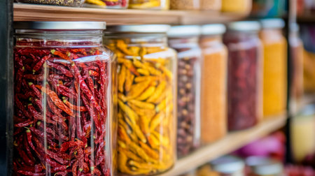 A colorful display of dried chili peppers, turmeric, and other spices in glass jars, emphasizing the vibrant ingredients used in Thai cooking.の素材