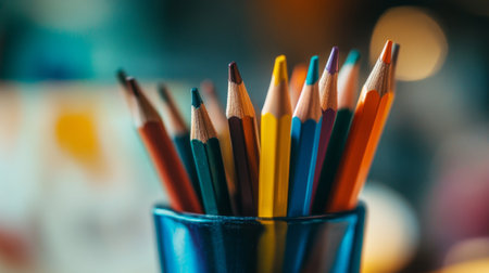 A close-up of sharpened colored pencils in a cup, with a soft-focus background of sketches, highlighting the tools of creativity ready for useの素材