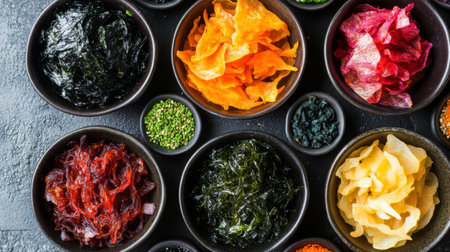 A colorful assortment of dried seaweed snacks in various flavors displayed in a stylish bowl, inviting consumers to enjoy healthy and delicious snacksの素材