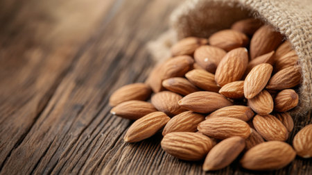 A close-up of raw almonds spread across a rustic wooden table, showcasing their natural textures and rich color, emphasizing their health benefitsの素材
