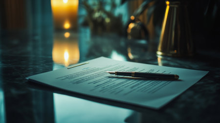 A creative shot of a contract being signed with a fountain pen on a marble table, with soft lighting emphasizing the formality and importance of legal agreements.の素材