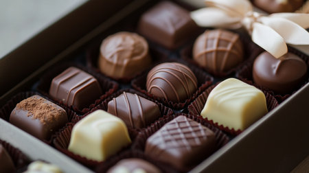 A close-up of assorted luxury chocolates in an elegant box, showcasing different shapes and flavors, with a delicate ribbon tied around the box.の素材