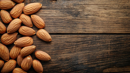 A close-up of raw almonds spread across a rustic wooden table, showcasing their natural textures and rich color, emphasizing their health benefitsの素材