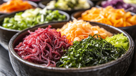 A colorful assortment of dried seaweed snacks in various flavors displayed in a stylish bowl, inviting consumers to enjoy healthy and delicious snacksの素材