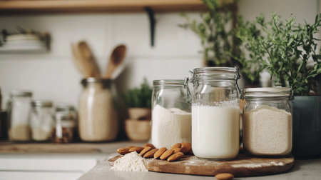 A cozy kitchen setting with jars of almond milk, almond flour, and whole almonds, showcasing the trend of plant-based cooking and healthy alternatives.の素材