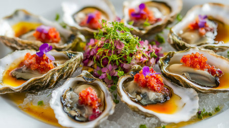 A creative plating of oysters with colorful garnishes and sauces, showcasing culinary artistry and the versatility of this beloved seafood.の素材