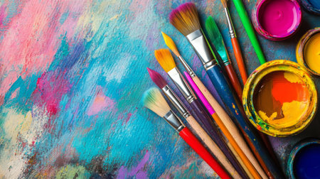 A colorful still life featuring a variety of colored pencils, paintbrushes, and watercolor paints on a textured surface, celebrating the tools of creativity.の素材