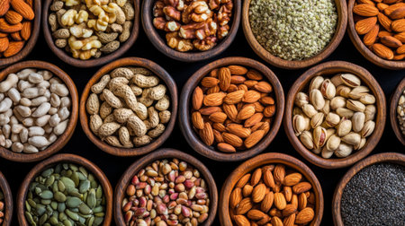 A colorful display of assorted nuts and seeds in wooden bowls, highlighting their natural textures and vibrant colors, perfect for healthy snacking.の素材