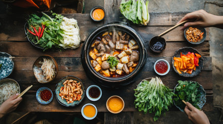 A cozy dinner setting with a hot pot of in the center, surrounded by dipping sauces and fresh vegetables, inviting guests to enjoy a shared meal.の素材
