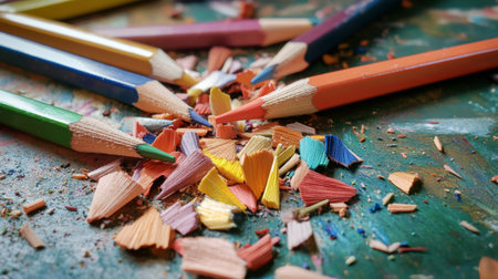 A creative workspace with scattered colored pencil shavings and an unfinished drawing, illustrating the artistic process and the beauty of imperfection.の素材