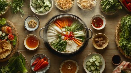 A cozy dinner setting with a hot pot of in the center, surrounded by dipping sauces and fresh vegetables, inviting guests to enjoy a shared meal.の素材