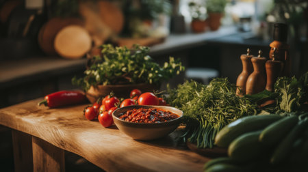 A cozy dining setup featuring fresh vegetables and a bowl of chili dip, illuminated by warm lighting, inviting friends to gather and enjoy a flavorful feast.の素材