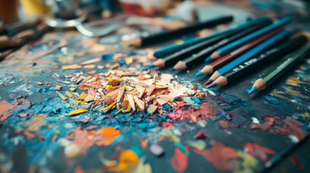 A creative workspace with scattered colored pencil shavings and an unfinished drawing, illustrating the artistic process and the beauty of imperfection.の素材