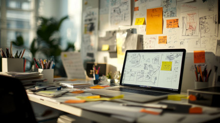 A creative workspace filled with brainstorming materials like sticky notes, sketches, and a laptop, capturing the energy and chaos of generating new ideas.の素材