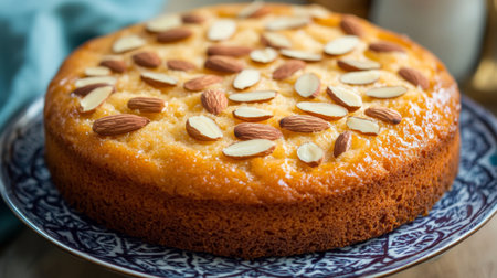 A delectable almond cake decorated with sliced almonds on top, set on a decorative plate, capturing the beauty of homemade desserts.の素材