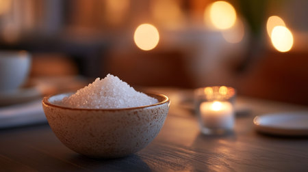 A decorative salt cellar filled with coarse cooking salt, placed on a dining table, highlighting its role in culinary presentation and seasoning.の素材
