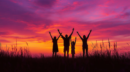 A heartwarming scene of a family silhouette against a colorful sunset, with arms raised in celebration, capturing a moment of happiness and unity.の素材