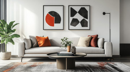 A modern living room with minimalist design, showcasing a sleek couch, geometric art on the walls, and a coffee table with decorative books and a plant.の素材