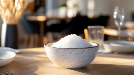 A decorative salt cellar filled with coarse cooking salt, placed on a dining table, highlighting its role in culinary presentation and seasoning.の素材