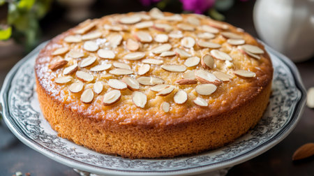 A delectable almond cake decorated with sliced almonds on top, set on a decorative plate, capturing the beauty of homemade desserts.の素材