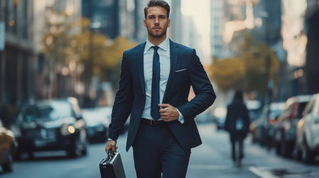 A fit young businessman in a tailored suit confidently walking down a city street, exuding professionalism and style while holding a briefcaseの素材