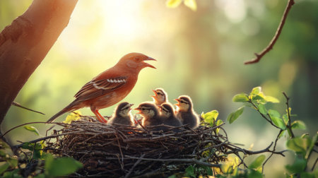 A mother bird feeding her hungry chicks in a nest, illustrating the bond of care and protection in nature, with soft sunlight illuminating the scene.の素材