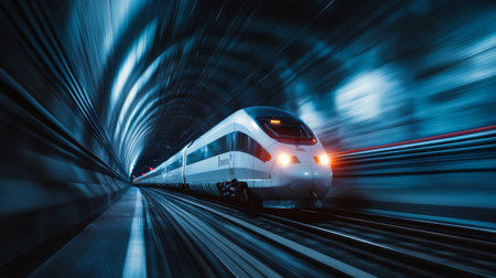 A dramatic night shot of a high-speed train emerging from a tunnel, with headlights piercing the darkness, illustrating the speed and power of rail travel.の素材