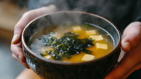 A person enjoying a bowl of miso soup with floating pieces of seaweed, capturing the comforting essence of traditional Japanese cuisineの素材