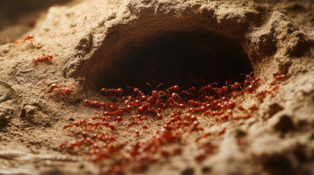 A detailed view of a fire ant mound, with ants bustling around the entrance, capturing the activity and structure of their underground home.の素材