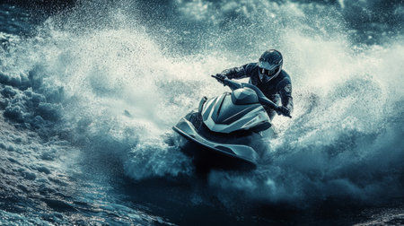 A dynamic shot of a jet ski speeding through choppy waters, with a spray of water creating a dramatic effect, emphasizing the thrill of the ride.の素材