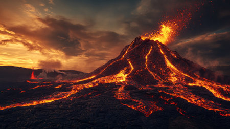A dramatic shot of a volcano erupting at dusk, with fiery lava flowing down its slopes against a backdrop of a darkening sky, capturing the raw power of nature.の素材