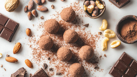 A flat lay of chocolate truffles arranged on a marble surface, dusted with cocoa powder, with ingredients like nuts, fruits, and cocoa beans nearby.の素材