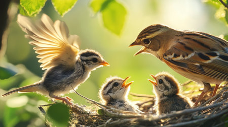 A heartwarming scene of baby birds taking their first steps out of the nest, with the parent bird watching nearby, symbolizing growth and independence.の素材