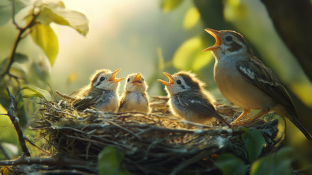 A heartwarming scene of baby birds taking their first steps out of the nest, with the parent bird watching nearby, symbolizing growth and independence.の素材