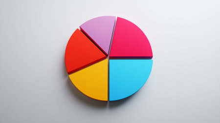 A minimalist pie chart infographic on a white background with segmented sections in bold colors, representing market share data.の素材