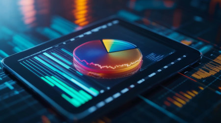 A dynamic 3D pie chart on a tablet, displayed alongside bar graphs and stock market trends, representing financial growth and investment performance.の素材
