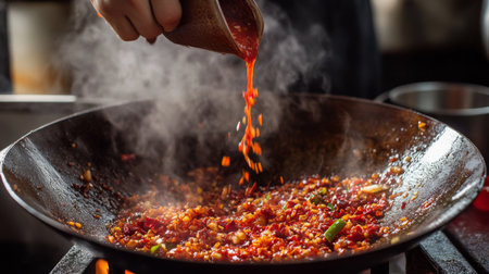 A hand pouring bright red chili paste into a sizzling wok, capturing the moment of adding flavor to a delicious stir-fry dishの素材