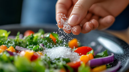 A hand holding a pinch of cooking salt over a fresh salad, illustrating the importance of seasoning in achieving a delicious balance of flavors.の素材