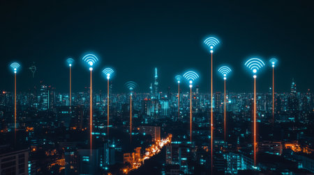 A futuristic city skyline illuminated at night, with glowing signals representing wireless networks, symbolizing the advancement of technology and connectivity.の素材