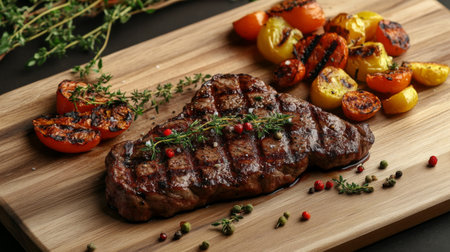 A perfectly grilled steak served on a wooden cutting board, garnished with fresh herbs and a side of colorful roasted vegetables, ready for a delicious meal.の素材