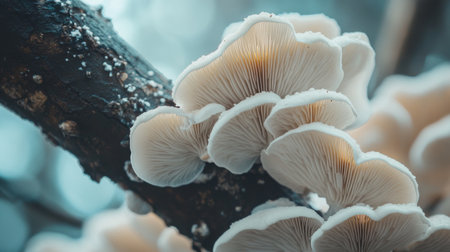 A macro shot of delicate white mushrooms growing on a tree branch, highlighting their intricate textures and the beauty of forest life.の素材