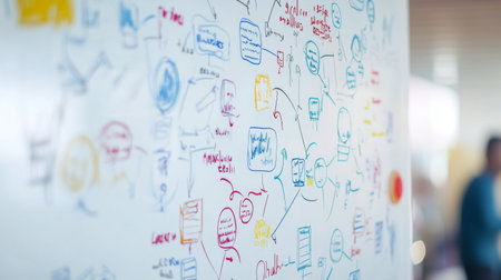 A mind map drawn on a whiteboard, filled with interconnected ideas and keywords, highlighting the organization and development of thoughts visually.の素材