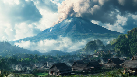 A peaceful village at the foot of an erupting volcano, with smoke rising in the background, highlighting the tension between human life and natural forces.の素材