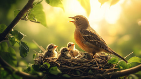 A mother bird feeding her hungry chicks in a nest, illustrating the bond of care and protection in nature, with soft sunlight illuminating the scene.の素材