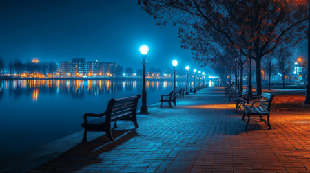 A peaceful waterfront promenade with benches and lampposts glowing softly, reflecting the lights of the city skyline across the water at night.の素材