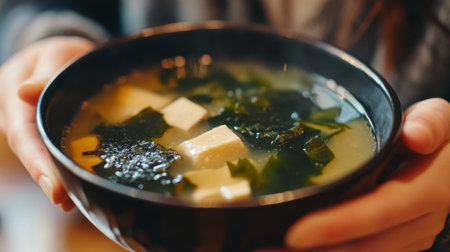 A person enjoying a bowl of miso soup with floating pieces of seaweed, capturing the comforting essence of traditional Japanese cuisineの素材