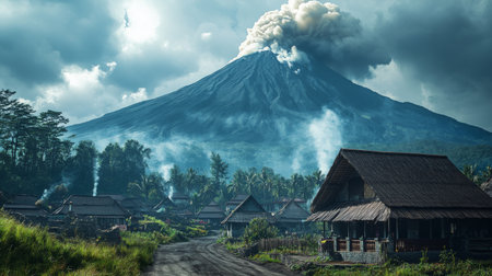 A peaceful village at the foot of an erupting volcano, with smoke rising in the background, highlighting the tension between human life and natural forces.の素材