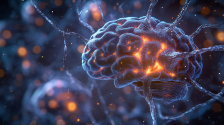 A close-up illustration of a human brain, highlighting its intricate structure and neural pathways, emphasizing the complexity of human cognition and thought.の素材